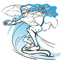 Careless slim Santa surfing the wave and loosing the gifts from his huge sack. EPS8 vector illustration.