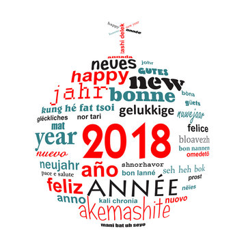 2018 new year multilingual text word cloud greeting card in the shape of a christmas ball