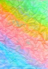 Watercolor grunge crumpled background in rainbow colors. Vintage poster, banner, scrapbook page. Handmade aged paper texture in retro style.