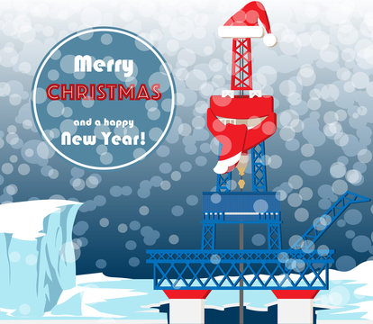 Christmas Greeting Card For Oil And Gas Industry Workers. Typical Oil Mining Platform With Drilling Tower Located On The Arctic Shelf. EPS10 Vector Illustration