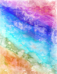 Watercolor grunge background in rainbow colors. Vintage poster, banner, scrapbook page. Handmade aged paper texture in retro style.