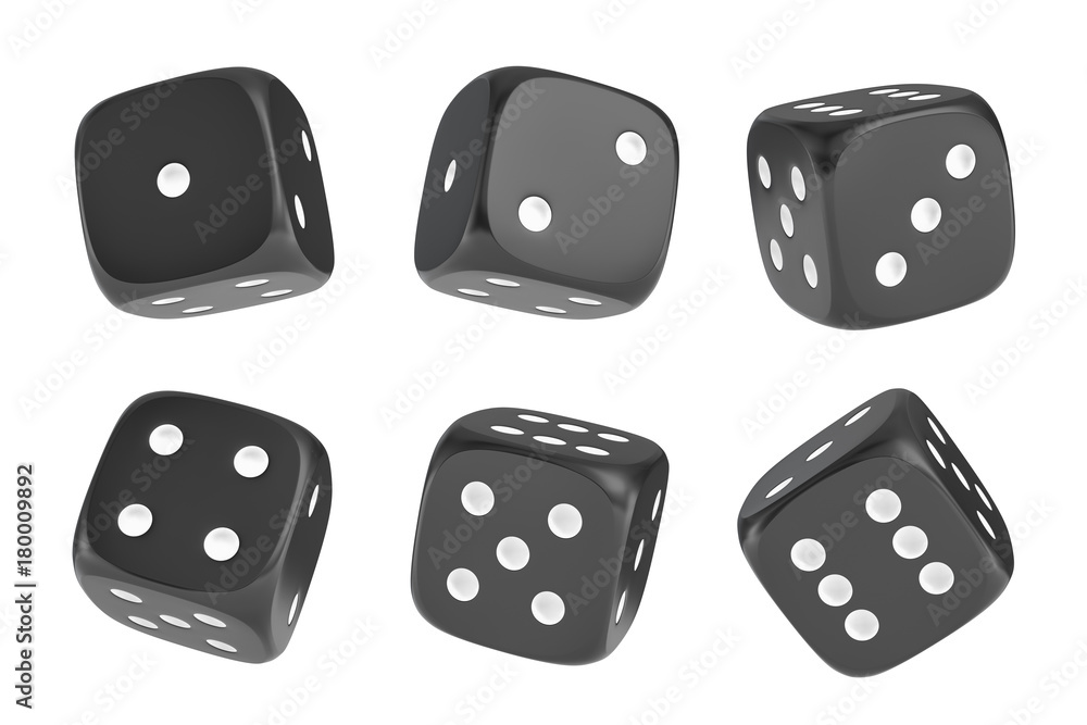 Poster 3d rendering of a set of six black dice with white dots hanging in half turn showing different numbe