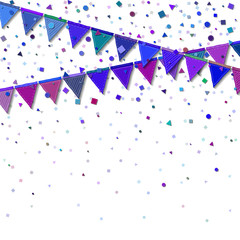 Obraz premium Bunting party flags. Exceptional celebration card. Blue and purple holiday decorations and confetti. Bunting party flags vector illustration.