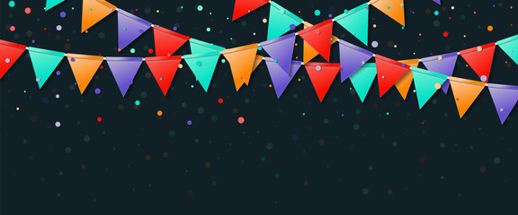 Bunting flags garland. Exquisite celebration card. Bright holiday decorations and confetti. Bunting flags garland vector illustration.