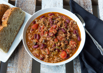 beef chile con carne from overhead
