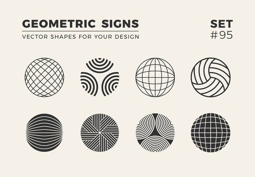 Set of eight minimalistic trendy shapes. Stylish vector logo emblems for Your design. Simple geometric signs collection.