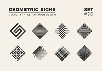 Set of eight minimalistic trendy shapes. Stylish vector logo emblems for Your design. Simple geometric signs collection.