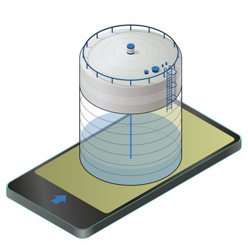 Underground water reservoir isometric building info graphic in mobile phone. Big water subterranean reservoir in communication technology. Water supply resource. Vector pictogram industrial building.