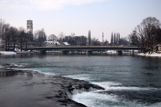 Winter panorama of the river Una and the city bridge in Bihać, Bosnia and Herzegovina