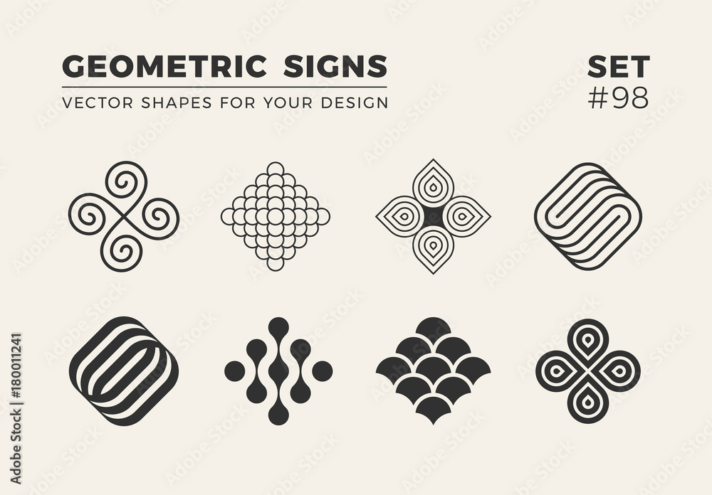 Wall mural set of eight minimalistic trendy shapes. stylish vector logo emblems for your design. simple geometr