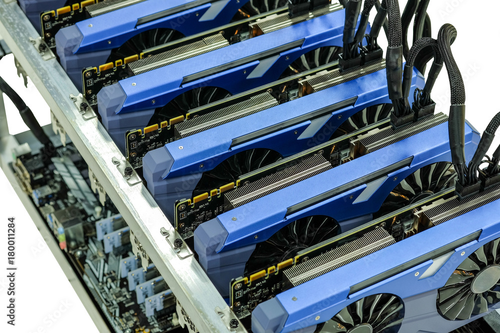 Poster close-up graphic card of computer working for bitcoin mining on top-view, isolated on white backgrou