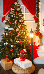 Beautiful holdiay decorated room with Christmas tree