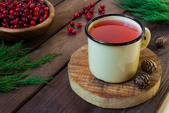 Drink juice from cranberries in an iron cup on a dark background with spruce branches and cones with copy space concept of cold and warming medicinal drinks