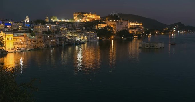 Udaipur Rajasthan India. Time lapse by night  from above. Travel destination and tourism landmarks.