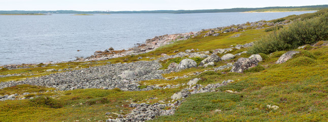 Panoramic view of the Bolshoy Solovetsky Island and the White Sea from the shore of the Bolshoy Zayatsky island