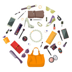 Set of fashion accessories. Women items and accessories.