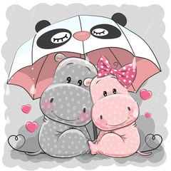 Cute Cartoon Hippos with umbrella