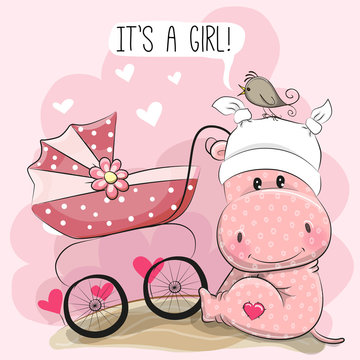 Iit is a girl with baby carriage and Hippo