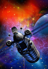 Obraz na płótnie Canvas spaceship cargo fly around an alien planet in the middle of a nebula