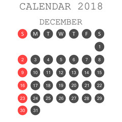 December 2018 calendar. Calendar planner design template. Week starts on Sunday. Business vector illustration.