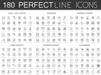 180 modern thin line icons set of legal, law and justice, insurance, banking finance, cyber security, economics market, e commerce. - obrazy, fototapety, plakaty