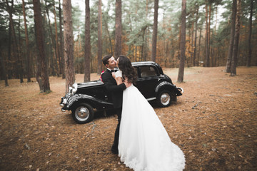 Stylish wedding couple, bride, groom kissing and hugging near retro car in autumn