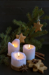 Christmas greeting card. Tree, candles, gingerbread.