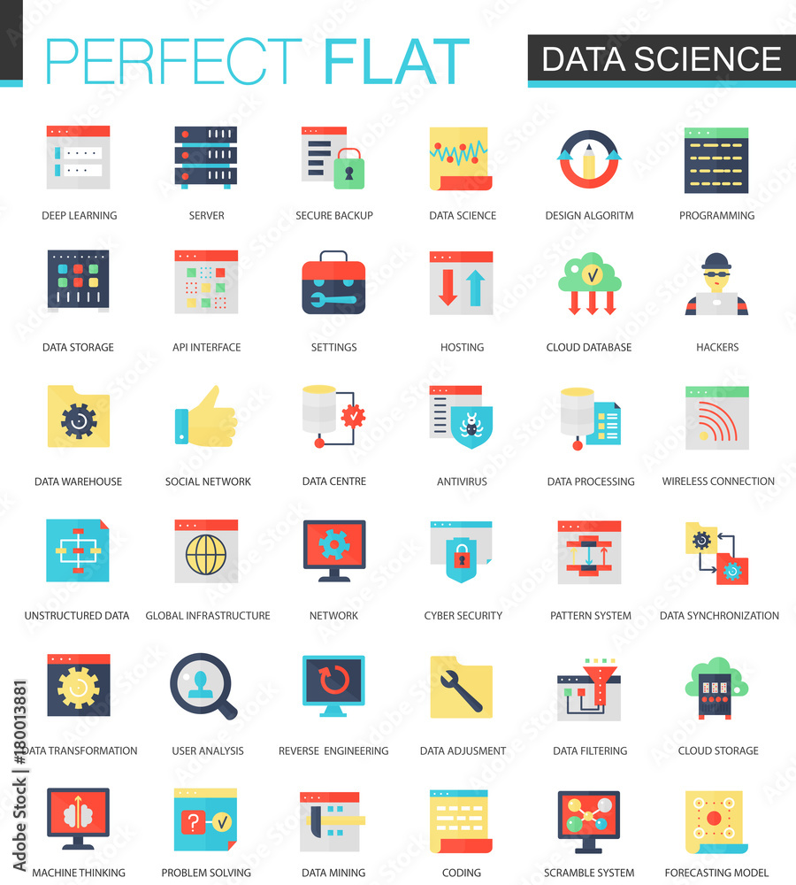 Poster Vector set of flat data science, big data analytics, clous computing icons.
