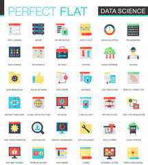 Vector set of flat data science, big data analytics, clous computing icons.