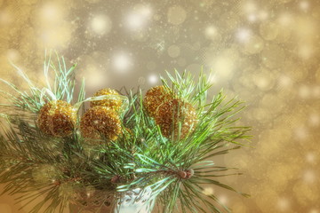 Gold Festive Christmas background. Christmas ball golden background. Christmas decoration.