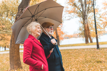 senior couple with umbrella in park