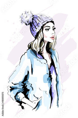 Beautiful Young Woman In Knitted Hat With Fur Pom Pom Hand Drawn Stylish Woman Beautiful Young Woman In Knitted Hat With Fur Pom Pom Hand Drawn Stylish Woman