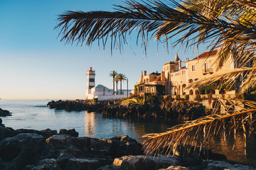 Morning in Cascais, Portugal with the famous Santa Marta Lighthouse and Museums visible - 180016818