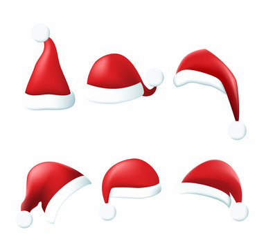 Set of red Santa Claus hats.