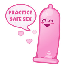 Cute condom say Practice safe sex. Contraception, sex education banner