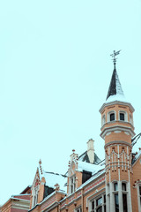 Riga, Latvia. The old town of Riga. Facade in the Gothic style winter