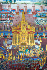 Murrals, paintings, tales and story from Buddha, kings and Buddhism  in the Wat Phra Kaew, commonly known in English as the Temple of the Emerald Buddha.