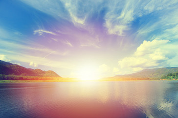 Landscape nature, River and mountain with blue sky background