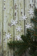 Rustic green Xmas background with real fir branches and star glitters