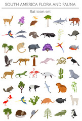 South America flora and fauna flat elements. Animals, birds and sea life big set. Build your geography infographics collection