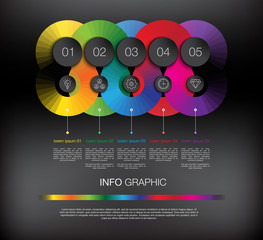 Horizontal timeline info graphic with circle elements. 5 parts concept. Can be used for workflow layout, banner, number options, step up options, diagram, web design. Vector illustration. Eps10.
