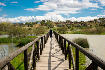 A man and his dog walk across a bridge over a lake in Andalusia, Spain