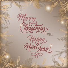 Vintage Christmas decorative template with mistletoe, pine branches and holiday brush lettering.