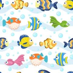 Crédence de cuisine en verre imprimé Vagues de la mer modèle sans couture avec poisson - illustration vectorielle
