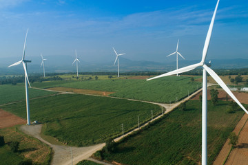Aerial view of wind turbines farm,sustainable and clean electric power,Future of renewable energy.THAILAND
