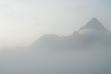 Sonnenspitze in the alps, Austria, in morning fog
