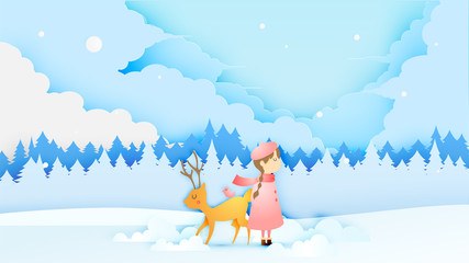 Cute girl and dear with snow landscape