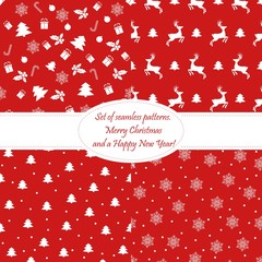 Christmas and New Year Seamless Pattern Vector Set. Gifts, Holly Berries, Snowflakes, Christmas Reindeer and Candy sticks. Holiday Xmas