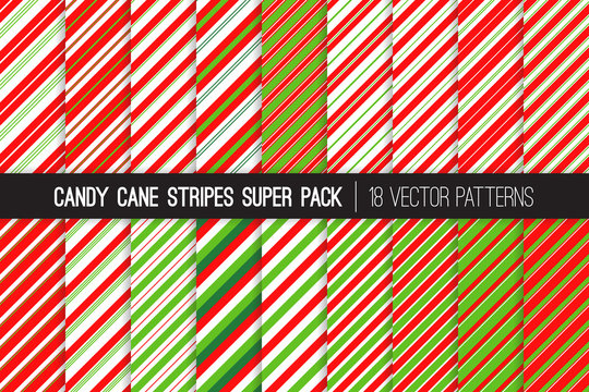 Pack of Christmas Candy Cane Stripes Seamless Vector Patterns. Classic Winter Holiday Mint Treat. Red White Green Striped Backgrounds. Variable Thickness Diagonal Lines. Pattern Tile Swatches Included