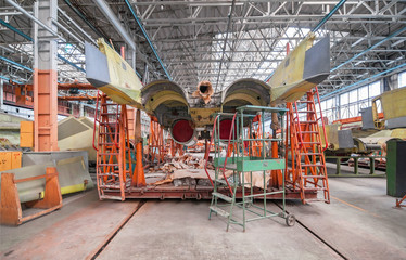 Aviation factory of military aircraft. Assembly of the fighter	